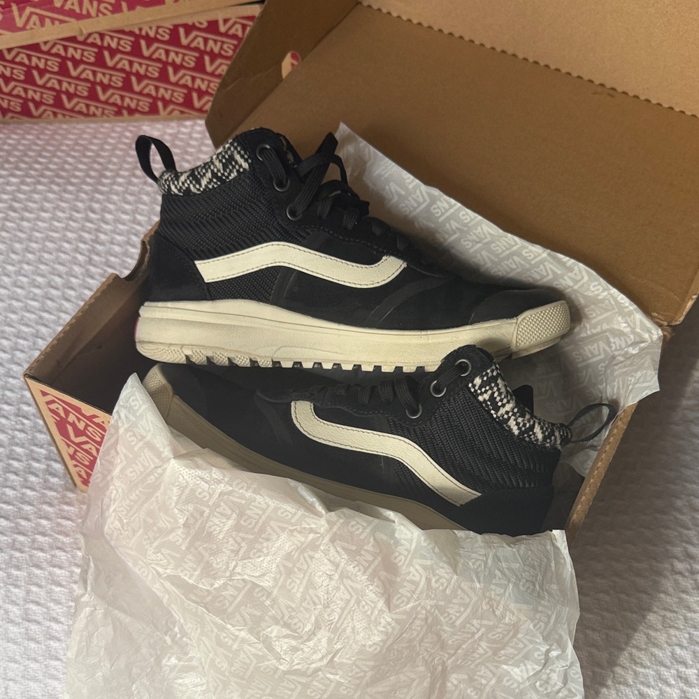 Vans Black and Cream High-Top Sneakers